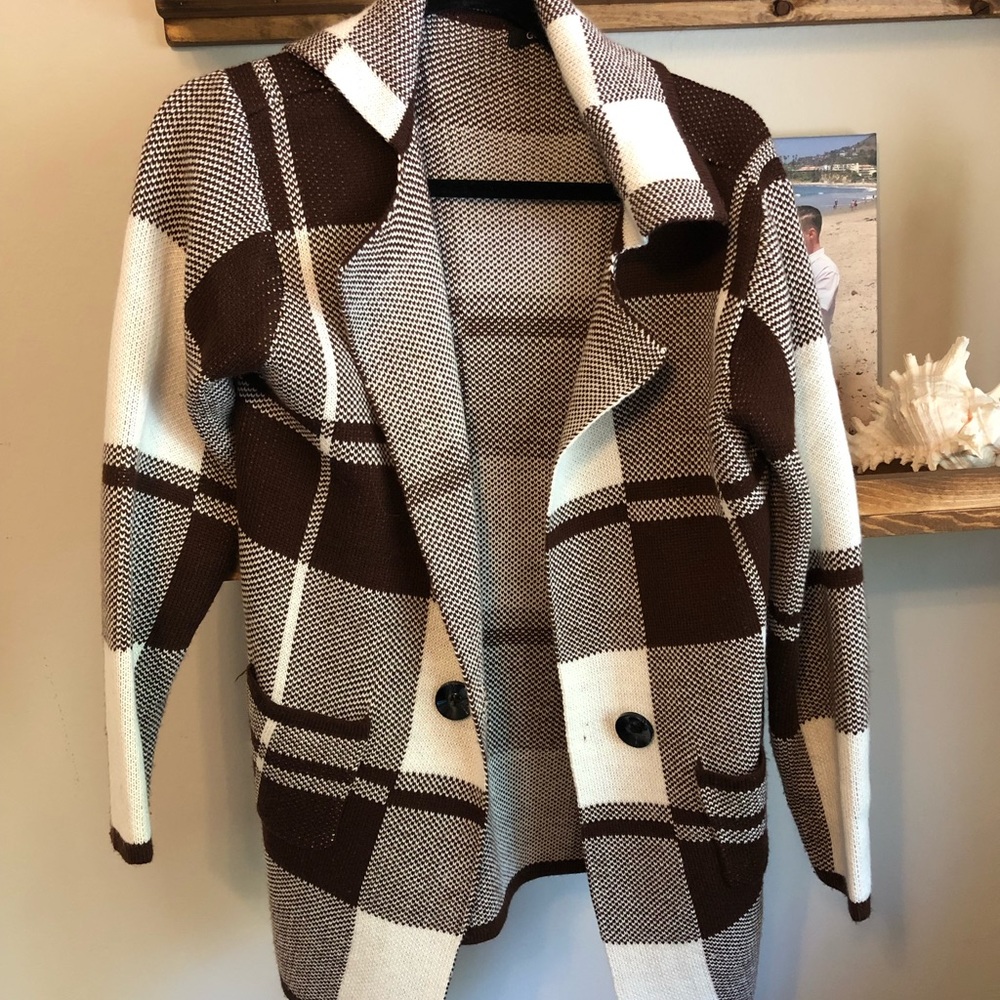 Burgundy & plaid sweater coat